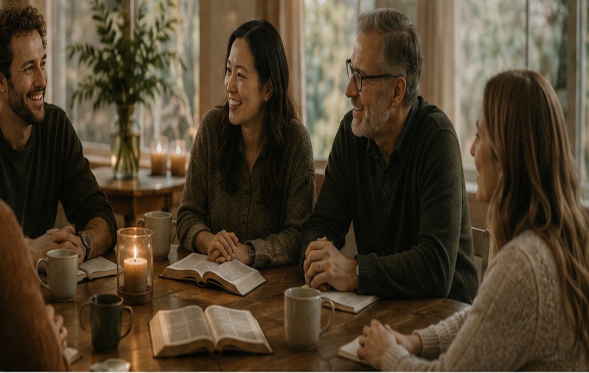 A small group gathered in warm conversation