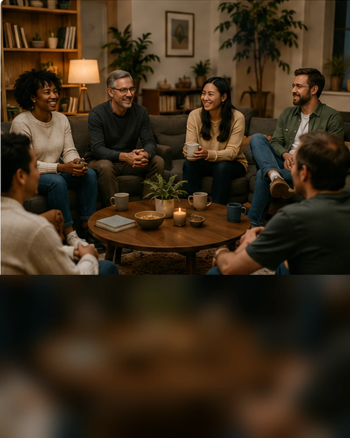Adults gathered together in a warm Homeward Circle conversation