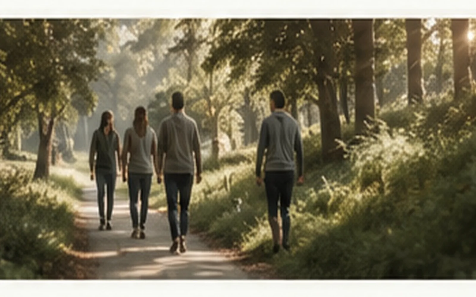 People walking together through a sunlit grove
