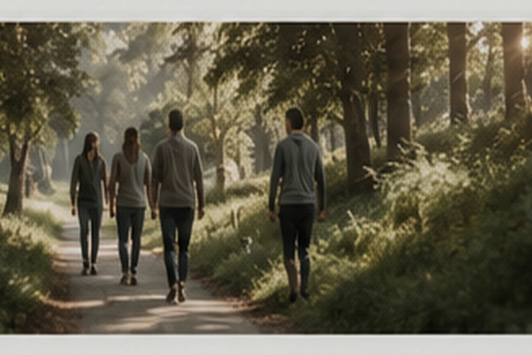 People walking together through a sunlit wooded path