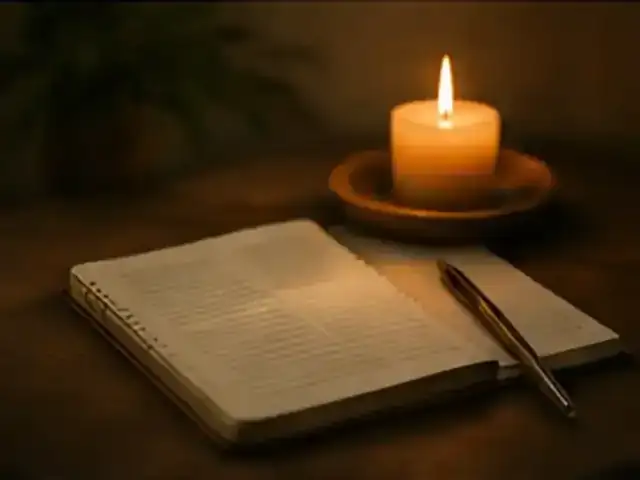 A journal, pen, and candle prepared for quiet daily reflection