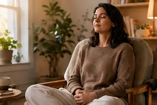 A person seated comfortably with eyes closed in quiet breath prayer