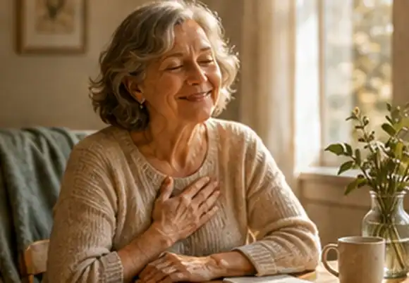 A peaceful person practicing gratitude in a warm home setting
