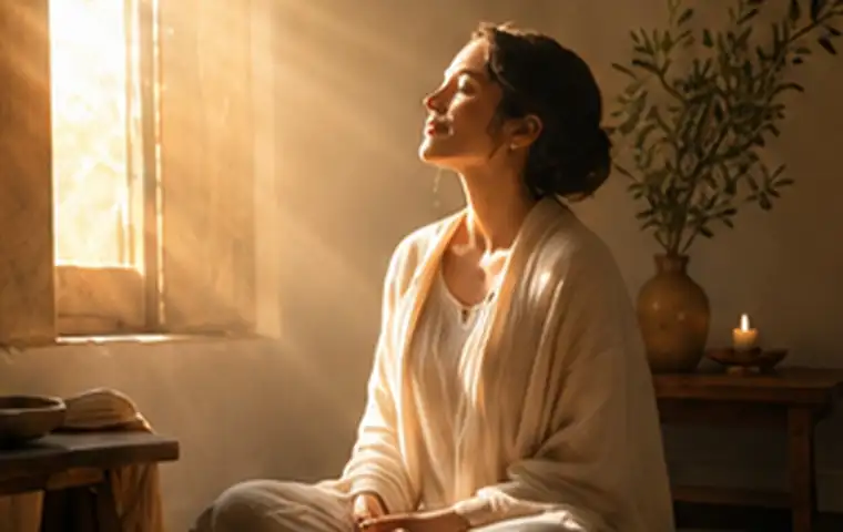 A woman seated in gentle meditation beside a bright window, bathed in soft light