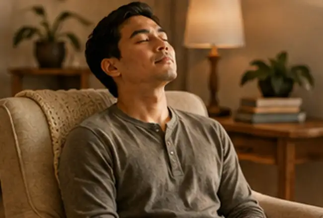 A man seated quietly with eyes closed in Christian meditation