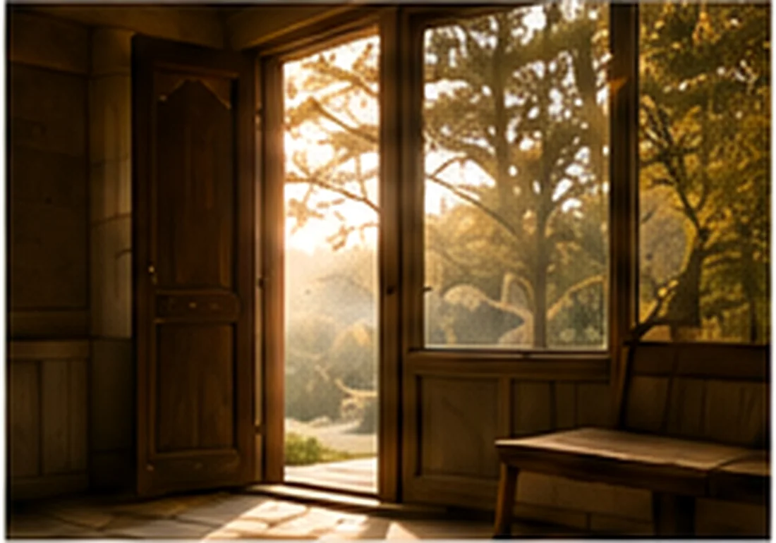 An open wooden doorway filled with warm light